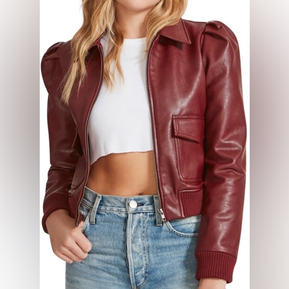 BB Dakota Steve Madden Womens Medium Red Faux Leather Jacket Bomber Boss Mode